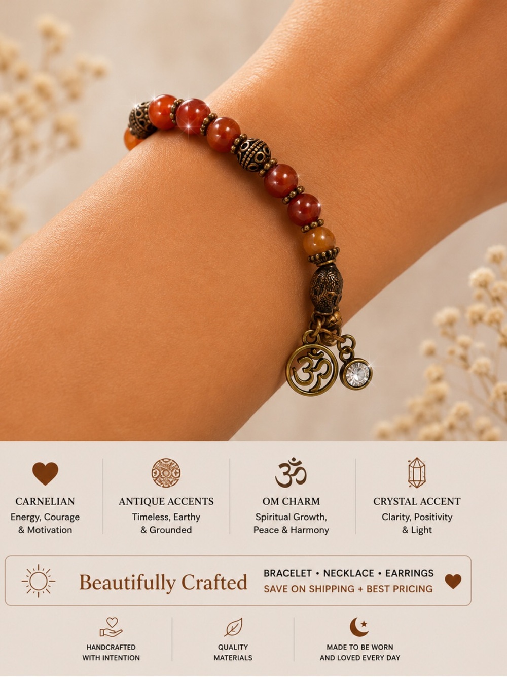 Carnelian Genuine Stone Unisex Bracelet with clasp